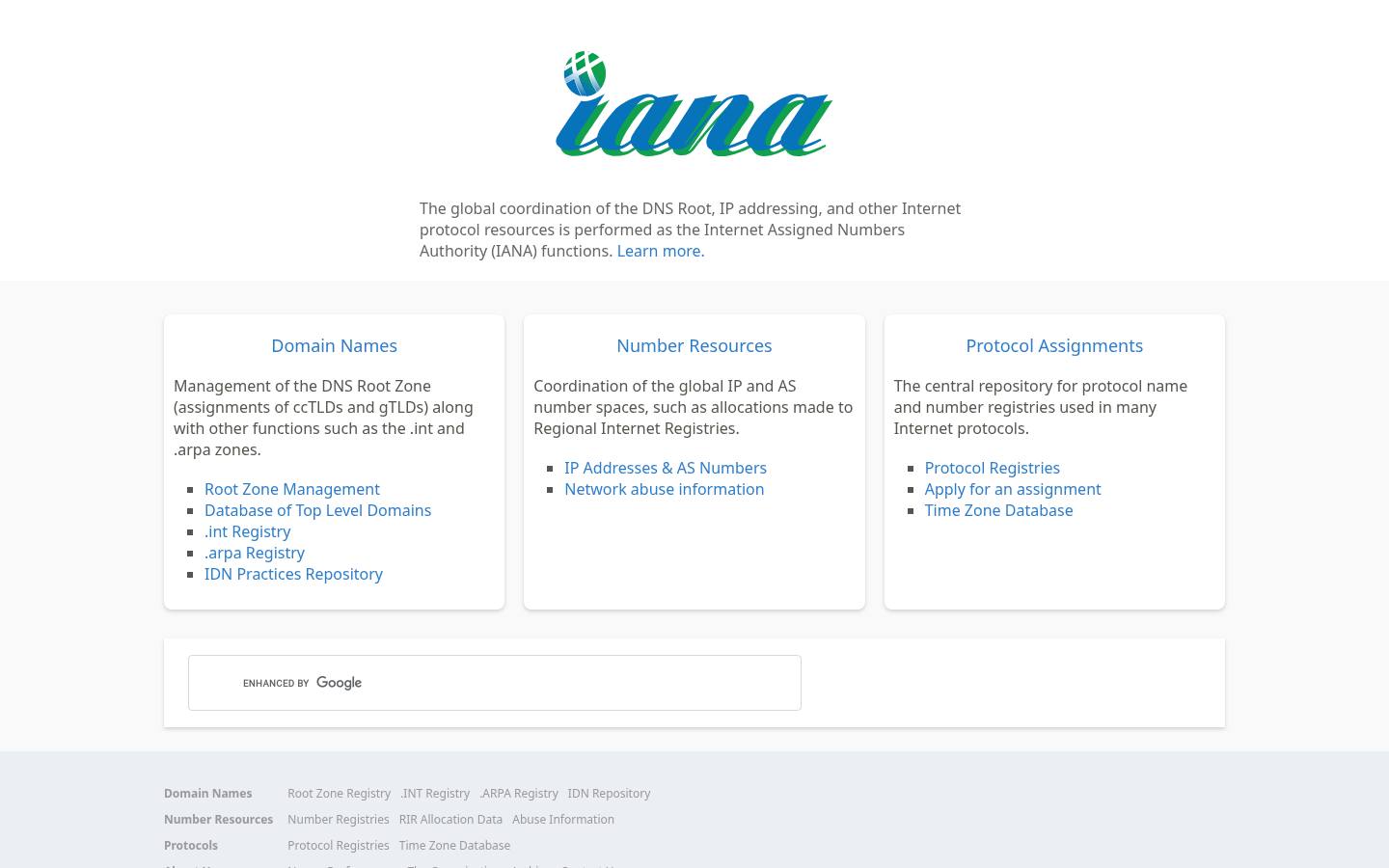 iana.org homepage