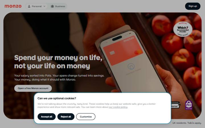 monzo.com homepage as measured on October 21, 2026