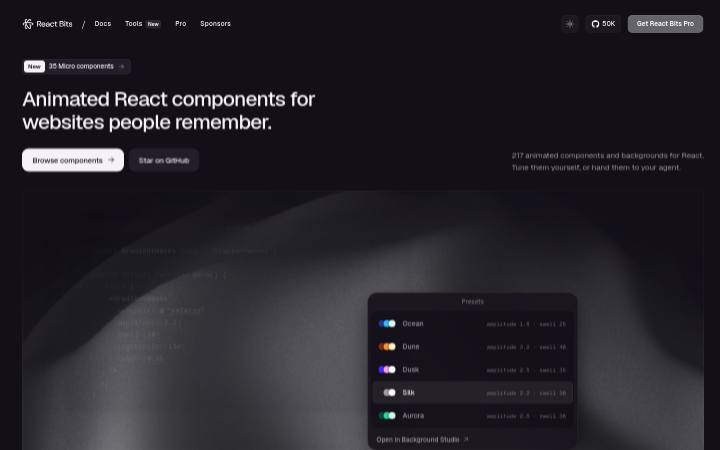 reactbits.dev homepage as measured on October 22, 2026