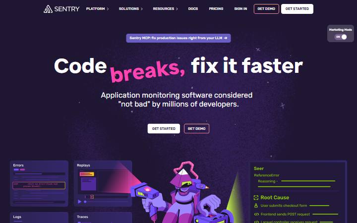 sentry.io homepage as measured on October 21, 2026
