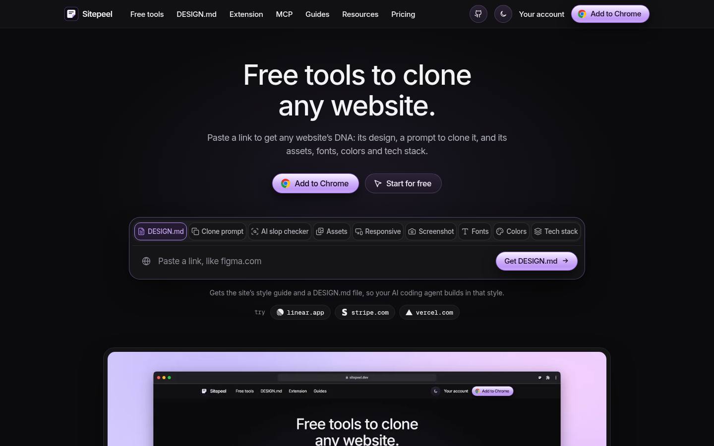 sitepeel.dev homepage