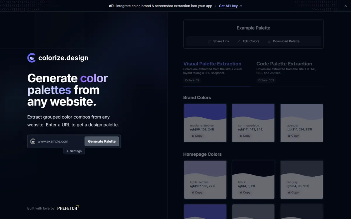 colorize.design: “Generate color palettes from any website” with a link field