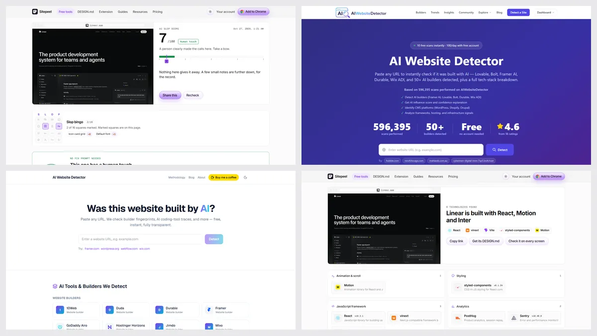 Screenshots of Sitepeel’s AI slop checker, aiwebsitedetector.com, aiwebsitedetector.net and Sitepeel’s tech stack checker