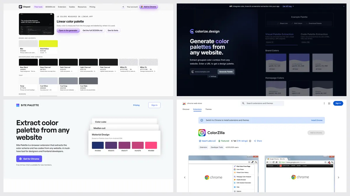 Screenshots of Sitepeel’s color palette tool, colorize.design, Site Palette and ColorZilla