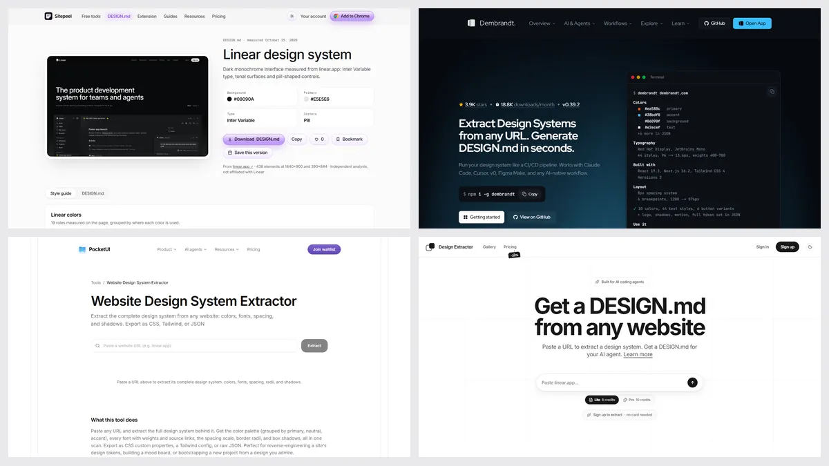 Screenshots of Sitepeel’s DESIGN.md generator, Dembrandt, Pocket UI and Design Extractor