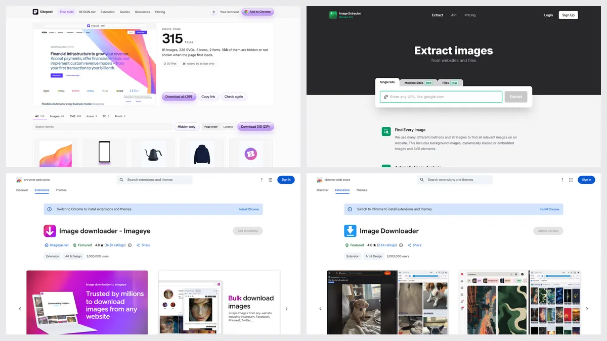 Screenshots of Sitepeel’s asset extractor, extract.pics, Imageye and Image Downloader