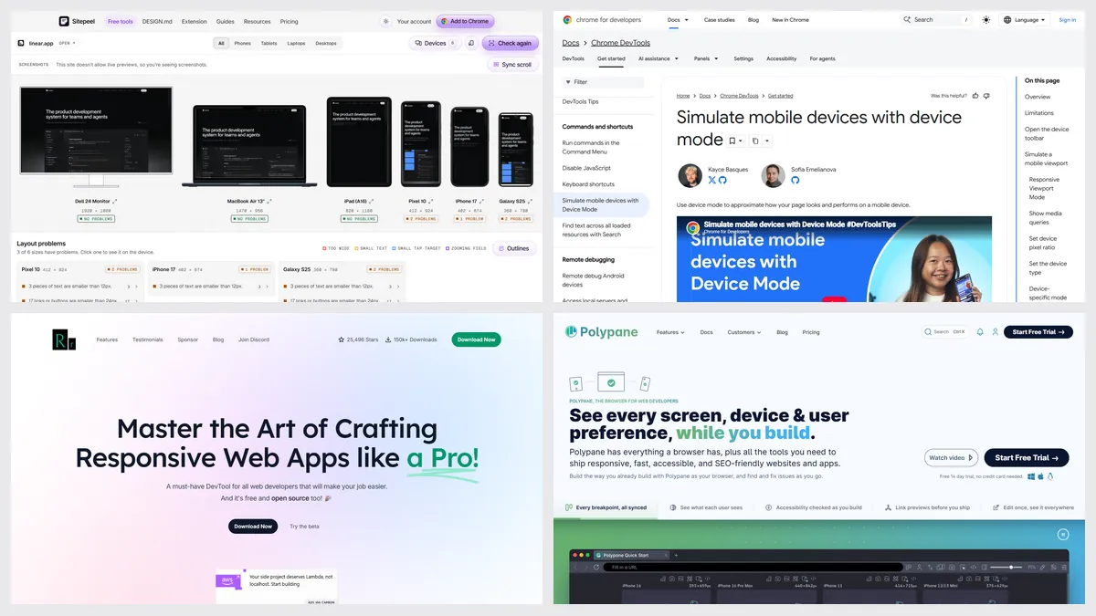 Screenshots of Sitepeel’s responsive checker, Chrome DevTools device mode, Responsively App and Polypane