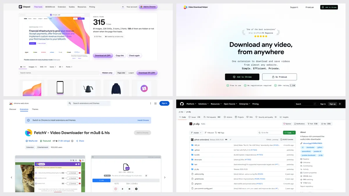 Screenshots of Sitepeel’s asset extractor, Video DownloadHelper, FetchV and yt-dlp