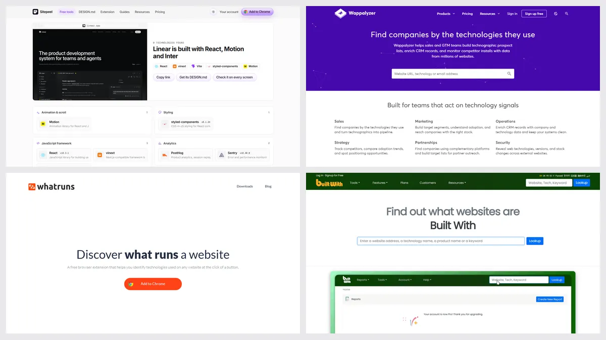 Screenshots of Sitepeel’s tech stack checker, Wappalyzer, WhatRuns and BuiltWith