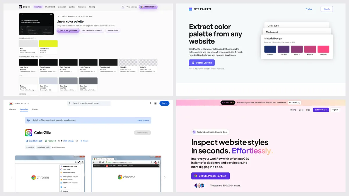 Screenshots of Sitepeel’s color palette tool, Site Palette, ColorZilla and CSS Peeper