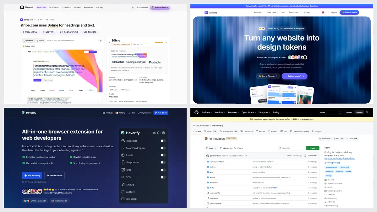 Screenshots of Sitepeel’s font finder, MiroMiro, Hoverify and VisBug