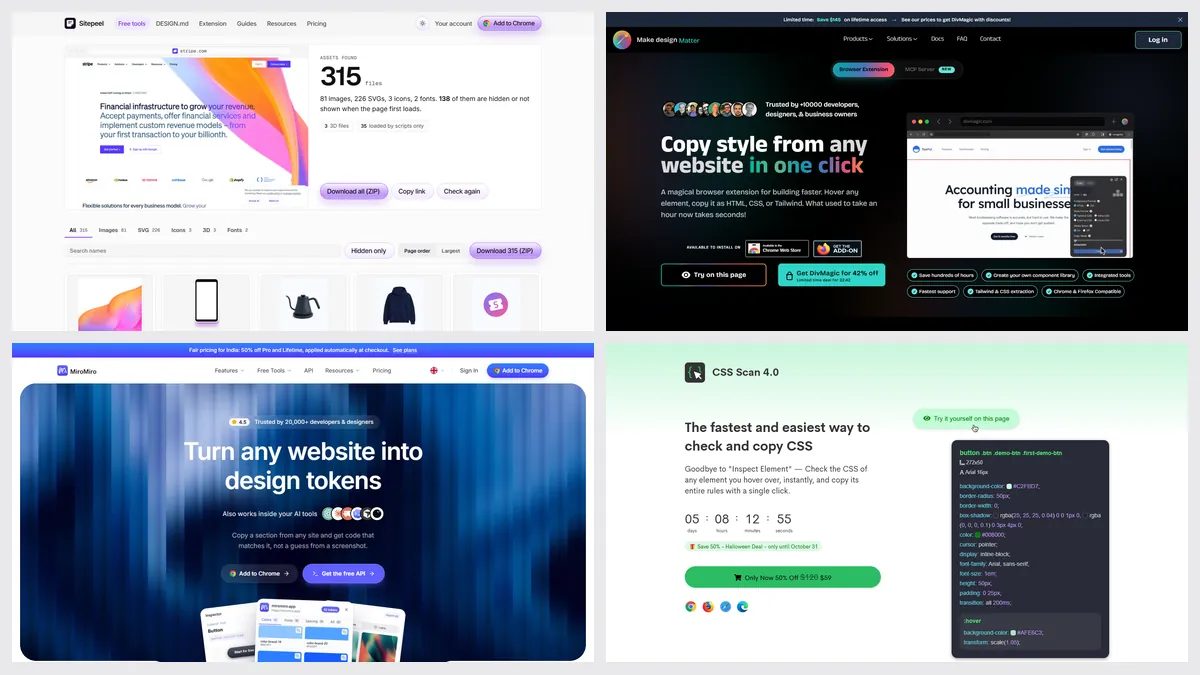 Screenshots of Sitepeel’s asset extractor, DivMagic, MiroMiro and CSS Scan