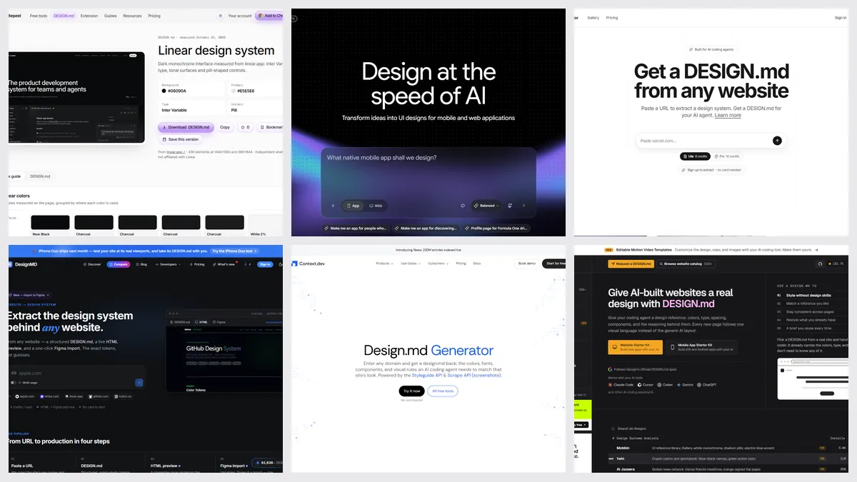 Screenshots of Sitepeel, Google Stitch, Design Extractor, designmd.me, context.dev and getdesign.md