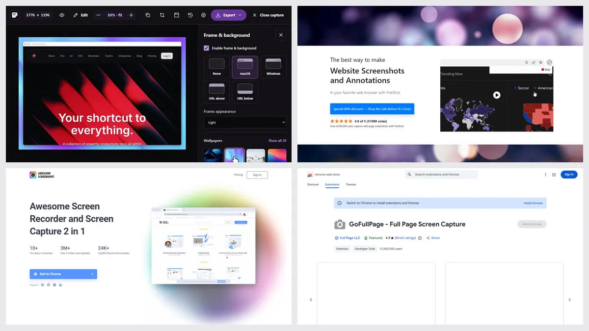 Screenshots of Sitepeel’s Screenshot, FireShot, Awesome Screenshot and GoFullPage