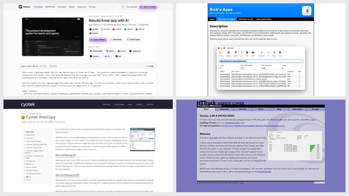 Screenshots of Sitepeel’s Clone prompt, SiteSucker, Cyotek WebCopy and HTTrack
