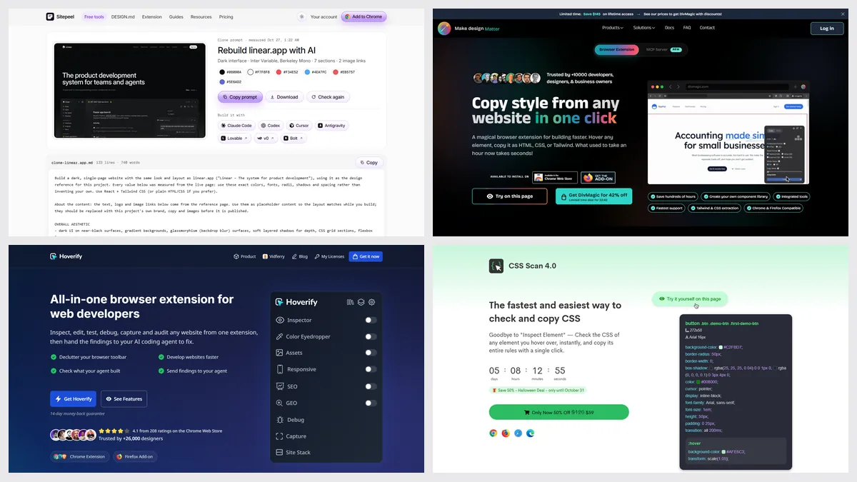 Screenshots of Sitepeel’s Clone prompt, DivMagic, Hoverify and CSS Scan