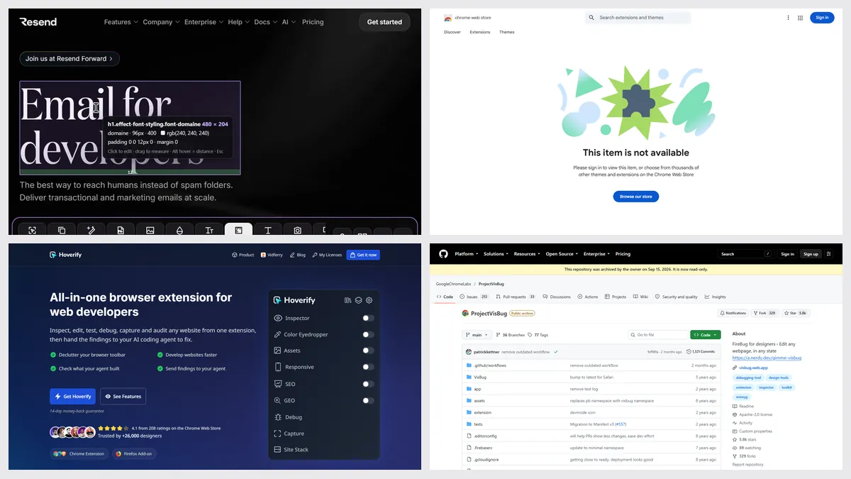 Screenshots of Sitepeel’s Inspect & measure, the Page Ruler Redux store page, Hoverify and VisBug