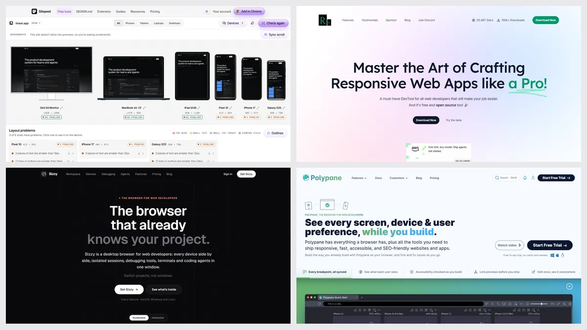 Screenshots of Sitepeel’s responsive checker, Responsively App, Sizzy and Polypane