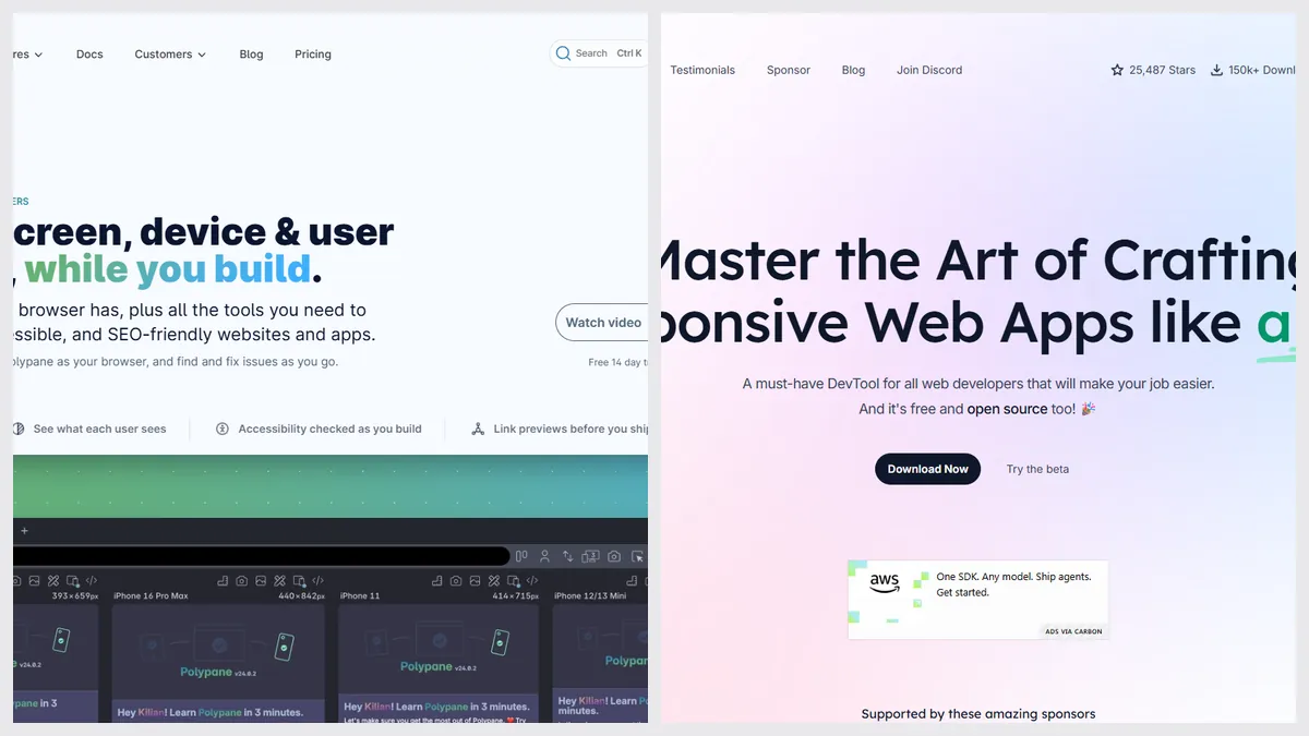 Polypane’s website next to Responsively App’s website