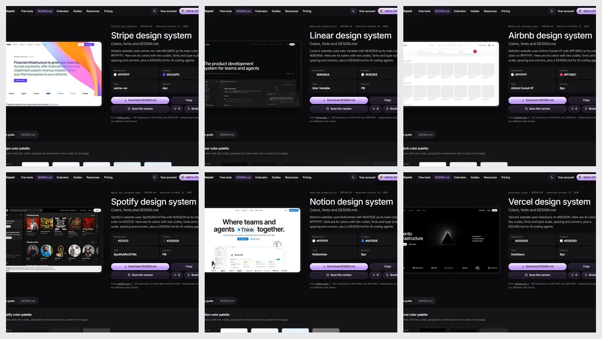Sitepeel’s measured design system pages for Stripe, Linear, Airbnb, Spotify, Notion and Vercel