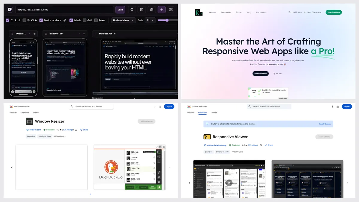 Screenshots of Sitepeel’s Responsive viewer, Responsively App, Window Resizer and Responsive Viewer
