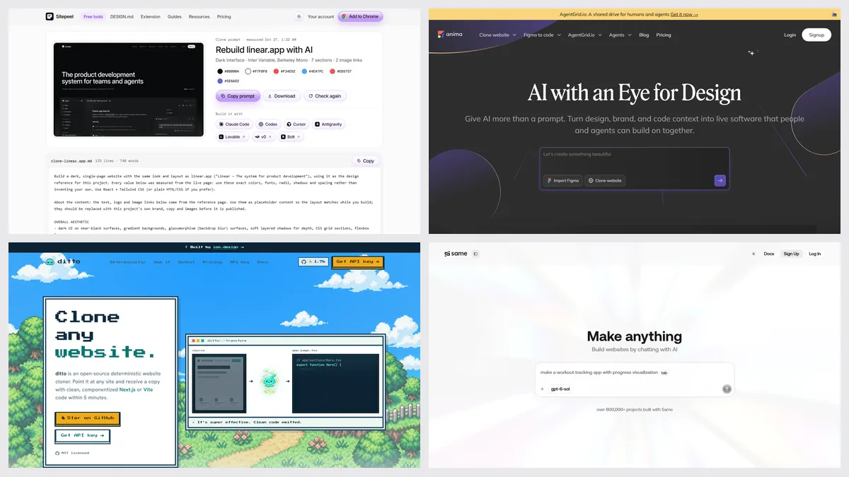 Screenshots of Sitepeel’s Clone prompt, Anima, ditto and Same