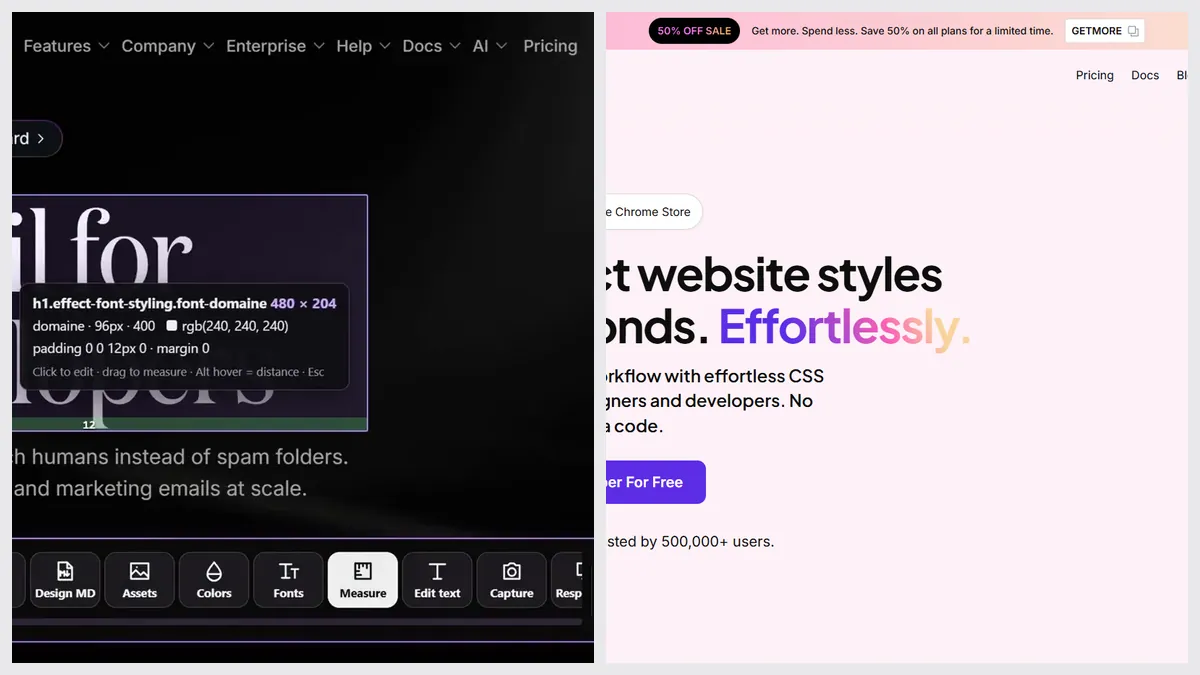 Sitepeel’s Inspect & measure tool next to CSS Peeper’s website