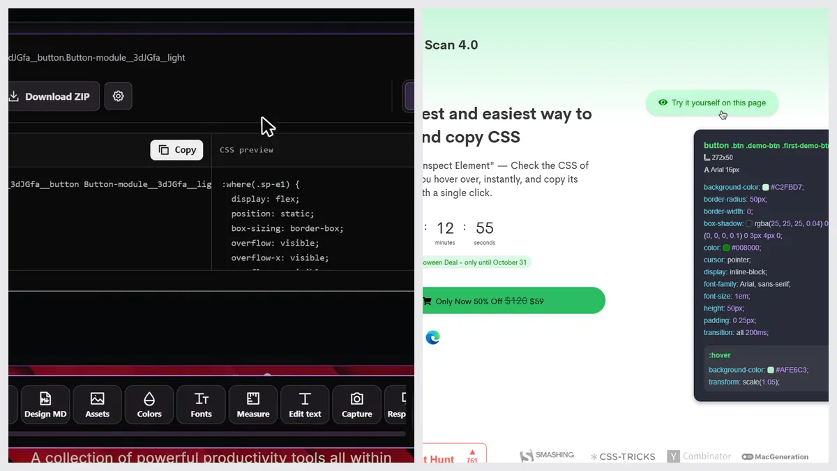 Sitepeel’s Pick element tool next to CSS Scan’s website