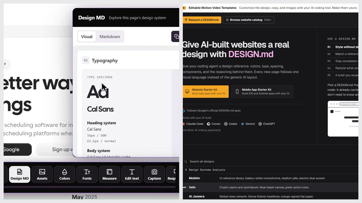 Sitepeel’s Design MD tool next to getdesign.md’s website