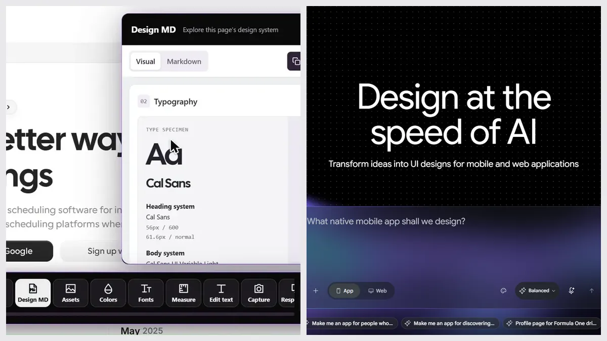 Sitepeel’s Design MD tool next to Google Stitch’s website
