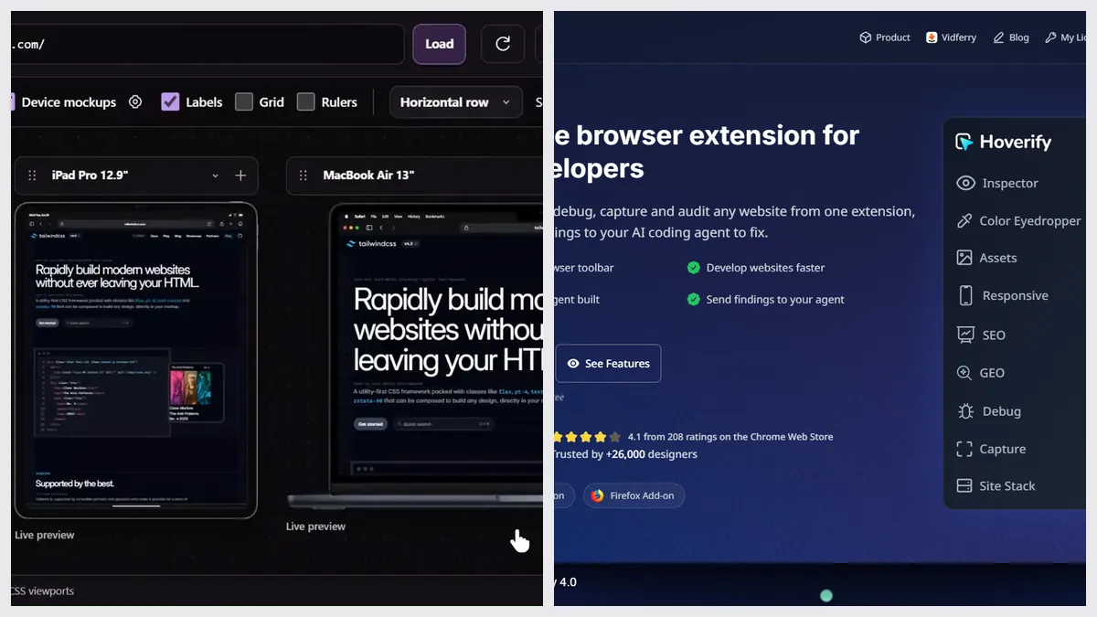 Sitepeel’s Responsive viewer tool next to Hoverify’s website