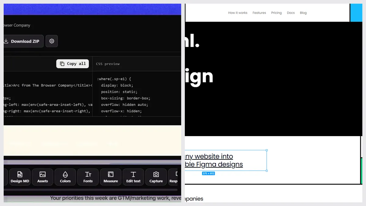 Sitepeel’s Clone page tool next to html.to.design’s website