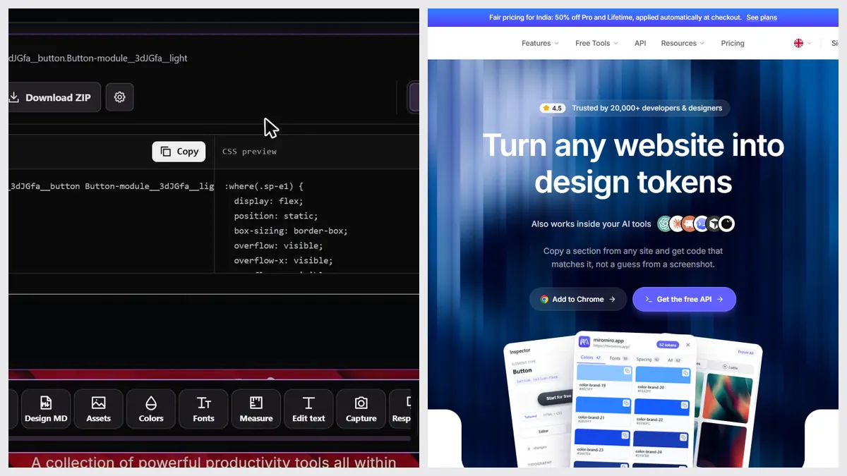 Sitepeel’s Pick element tool next to MiroMiro’s website
