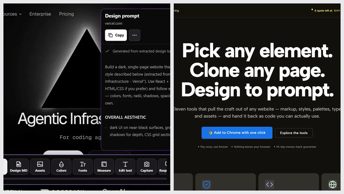 Sitepeel’s Design prompt tool next to picker.design’s website