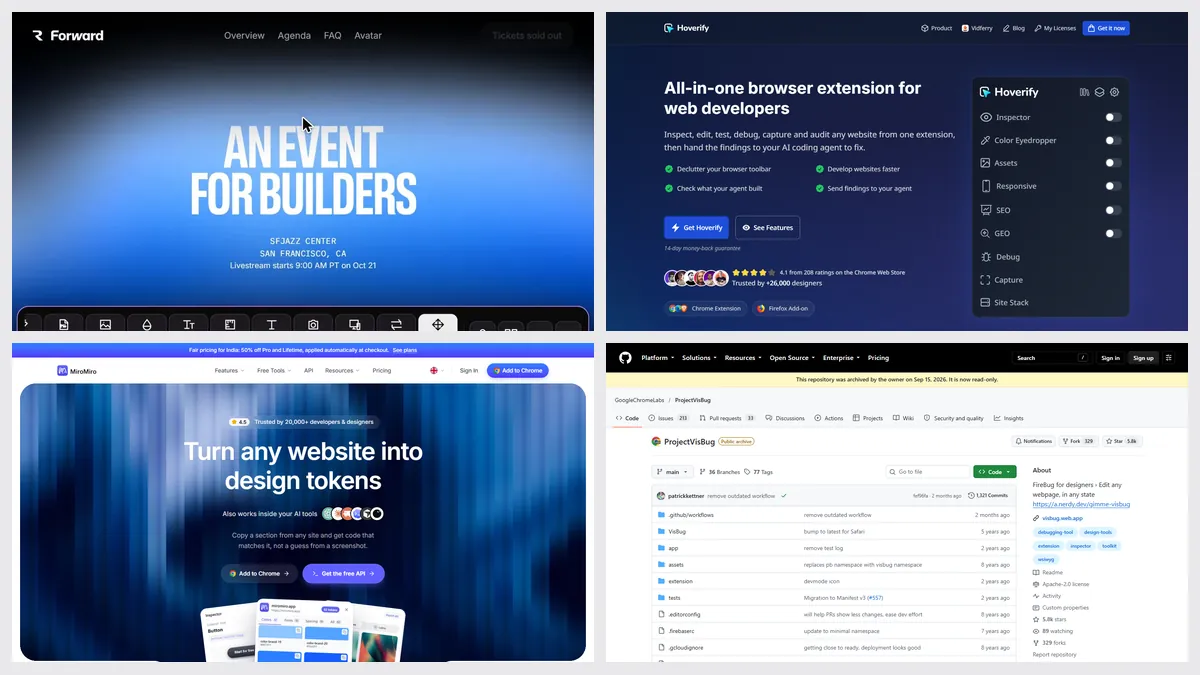 Screenshots of Sitepeel’s Move & delete, Hoverify, MiroMiro and VisBug