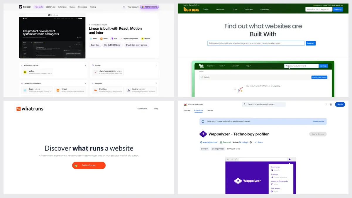 Screenshots of Sitepeel’s tech stack checker, BuiltWith, WhatRuns and Wappalyzer