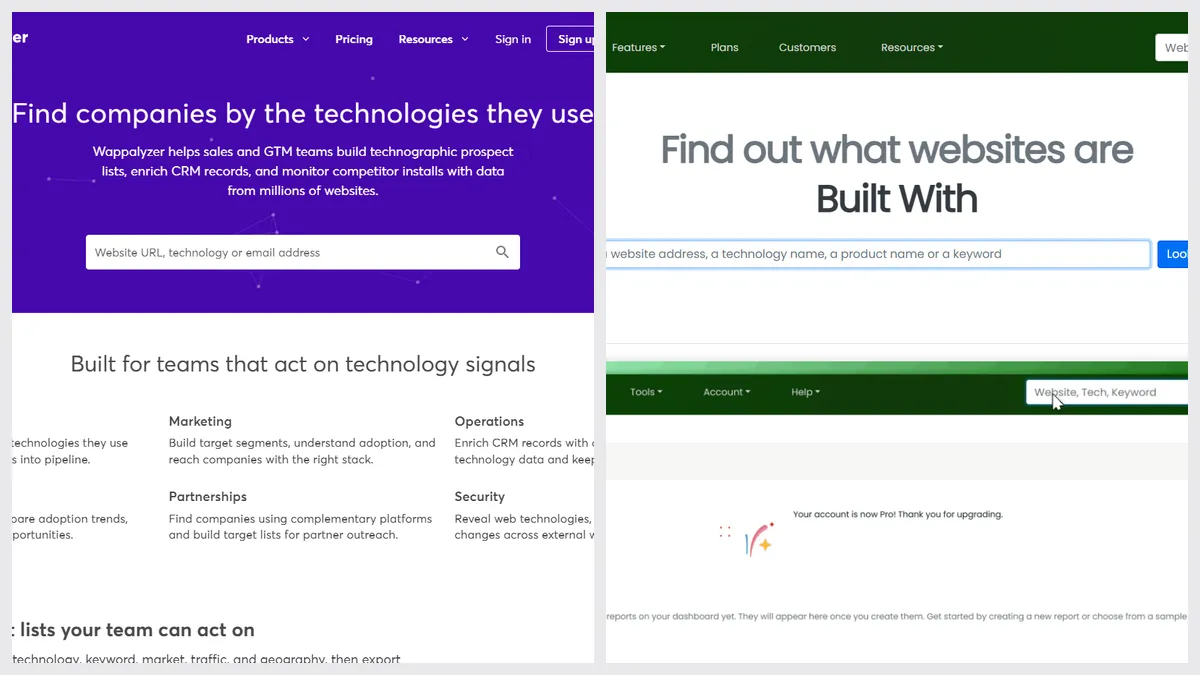 Wappalyzer’s website next to BuiltWith’s website