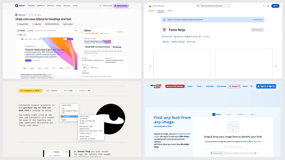 Screenshots of Sitepeel’s font finder, Fonts Ninja, Fontanello and WhatFontIs