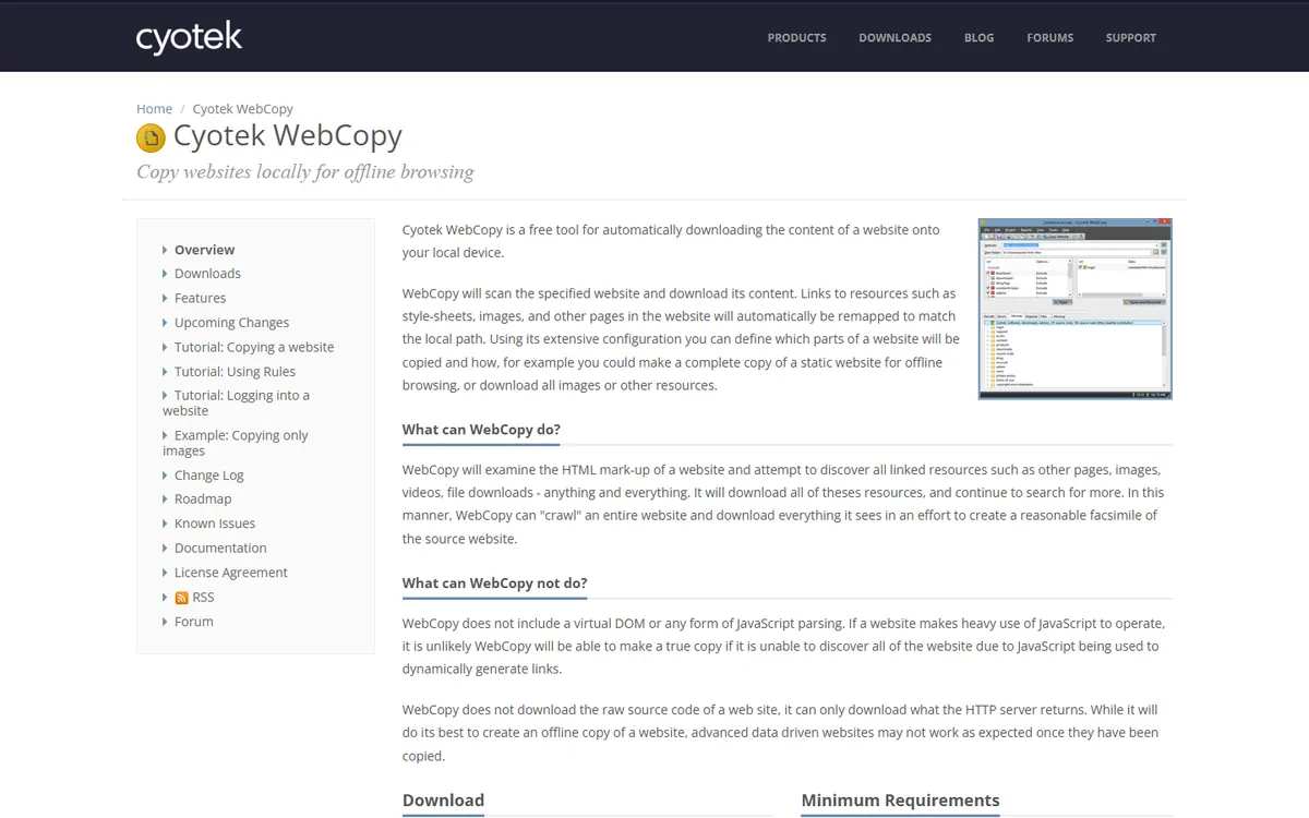 Cyotek WebCopy’s page with a screenshot of the program