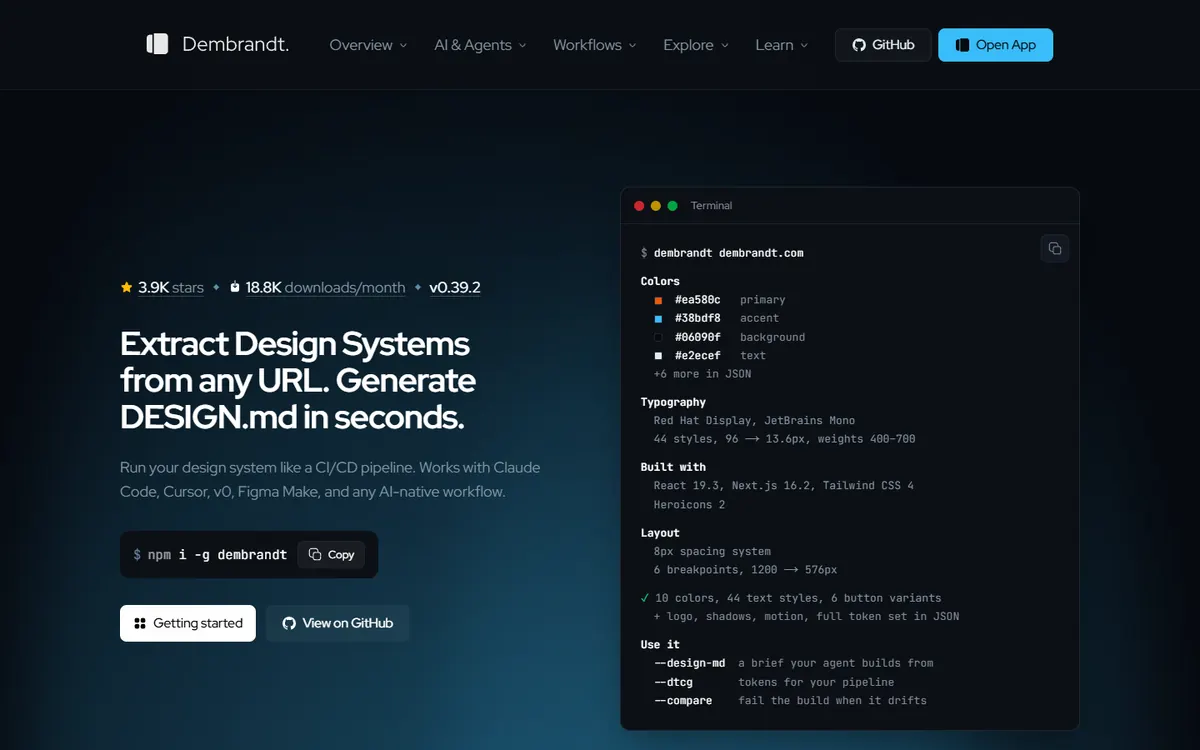 Dembrandt: “Extract design systems from any URL” with a terminal showing colors and type