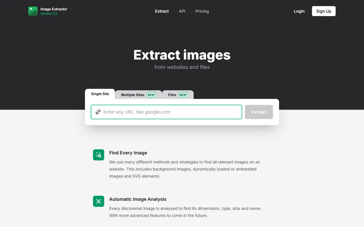 extract.pics: “Extract images from websites and files” with a link field