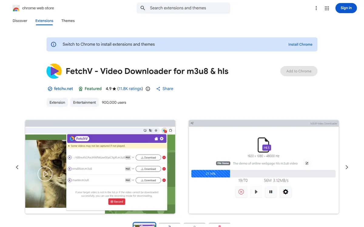 FetchV on the Chrome Web Store: Video Downloader for m3u8 and HLS, 900,000 users