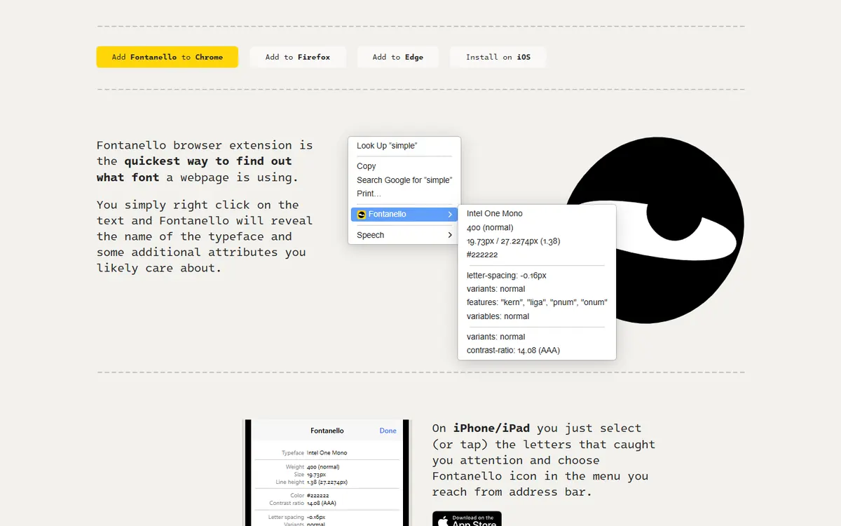 Fontanello’s website showing the right-click font menu