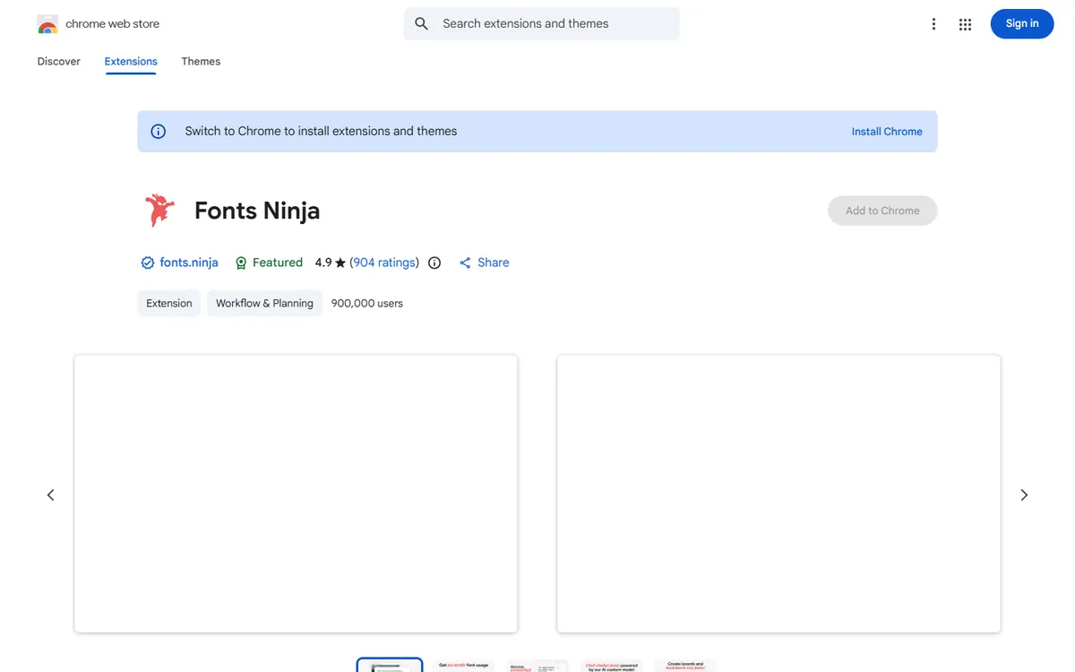 Fonts Ninja on the Chrome Web Store, 900,000 users