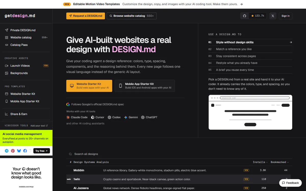 getdesign.md: “Give AI-built websites a real design with DESIGN.md”