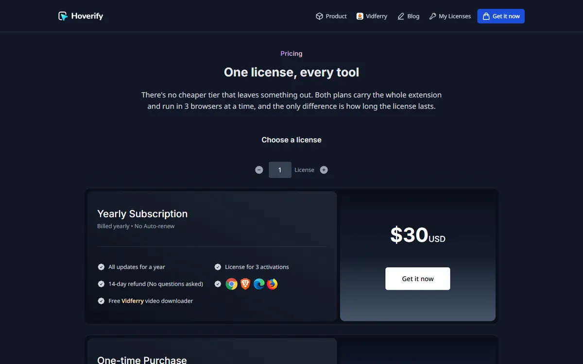 Hoverify’s pricing page: yearly subscription at $30