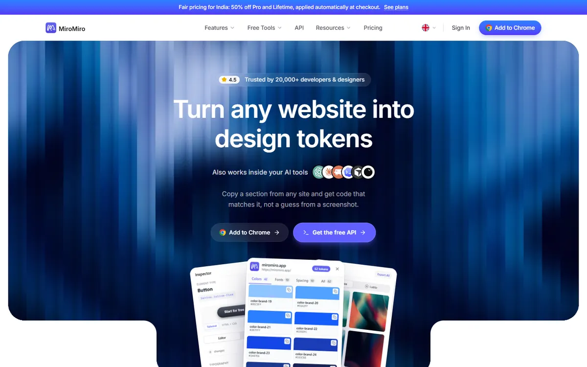 MiroMiro’s website: “Turn any website into design tokens”