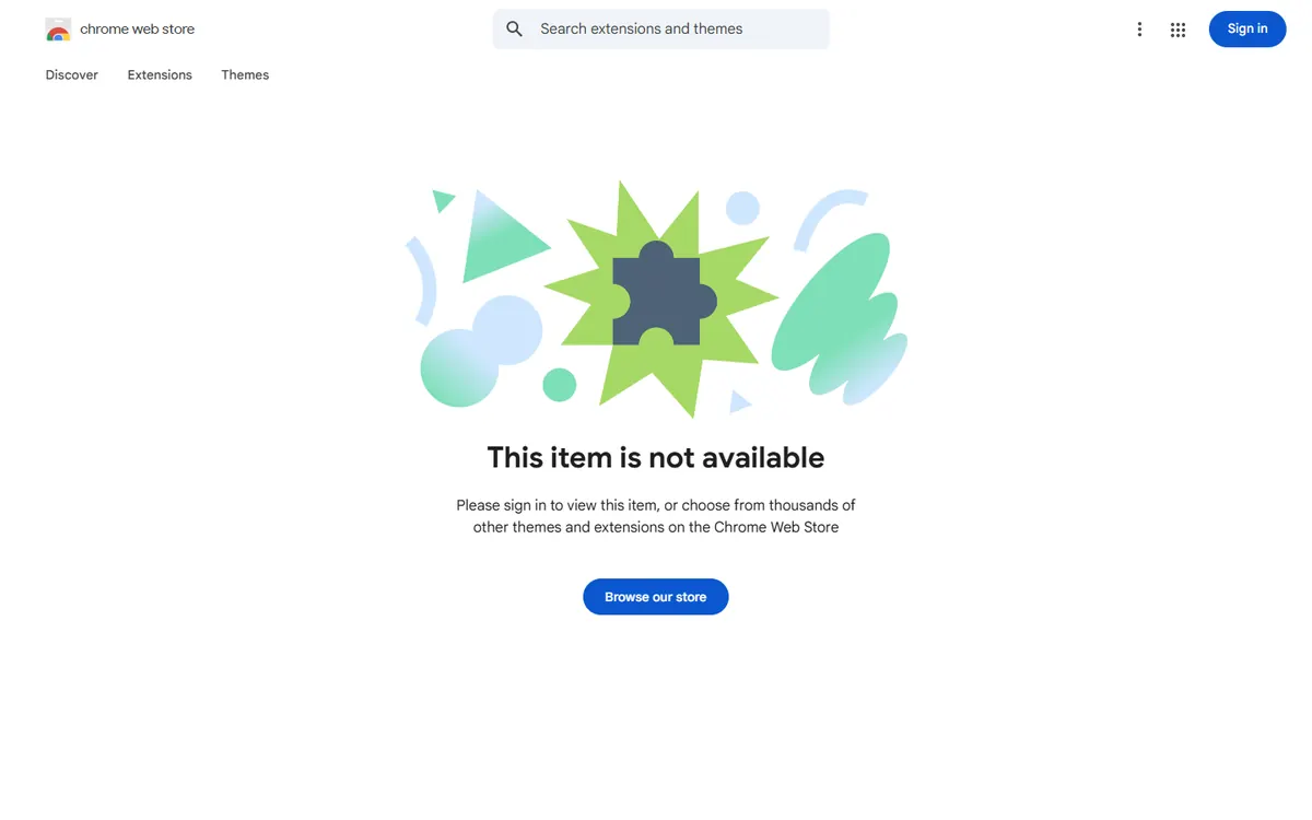 The Chrome Web Store page for Page Ruler Redux: “This item is not available”