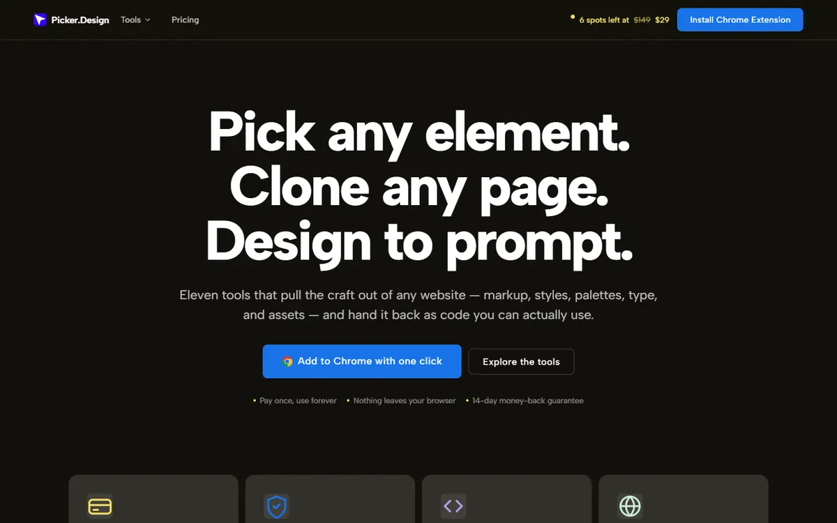 picker.design’s website: “Pick any element. Clone any page. Design to prompt.”