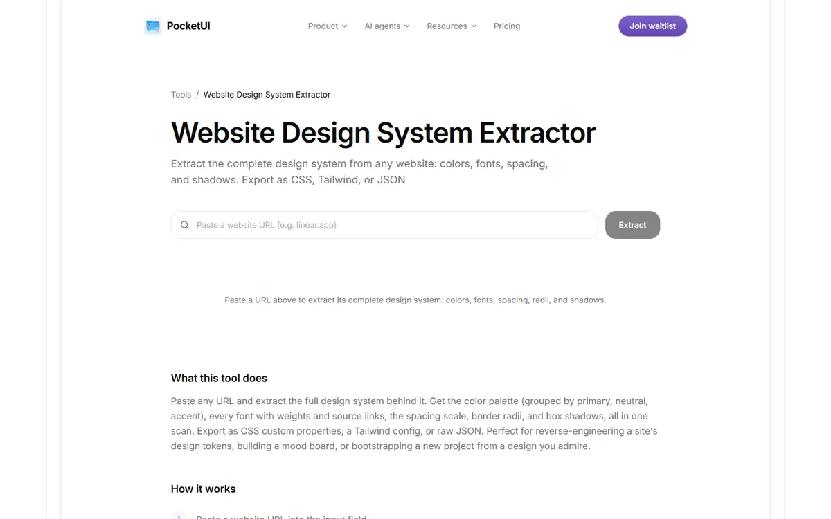 Pocket UI: “Website Design System Extractor” with a link field